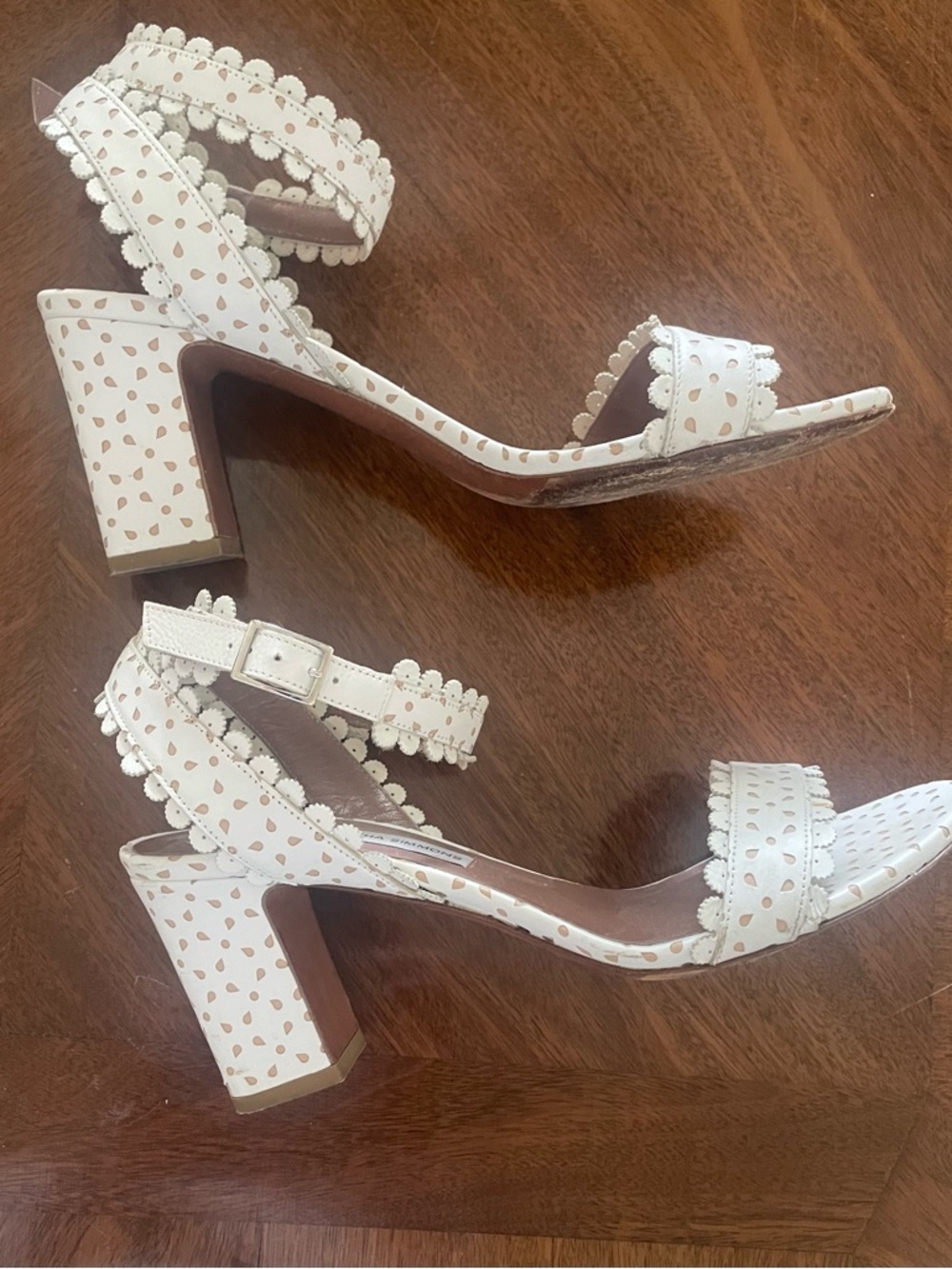 White and nude Tabitha Simmons Scalloped Block Heel Ankle Strap Sandals